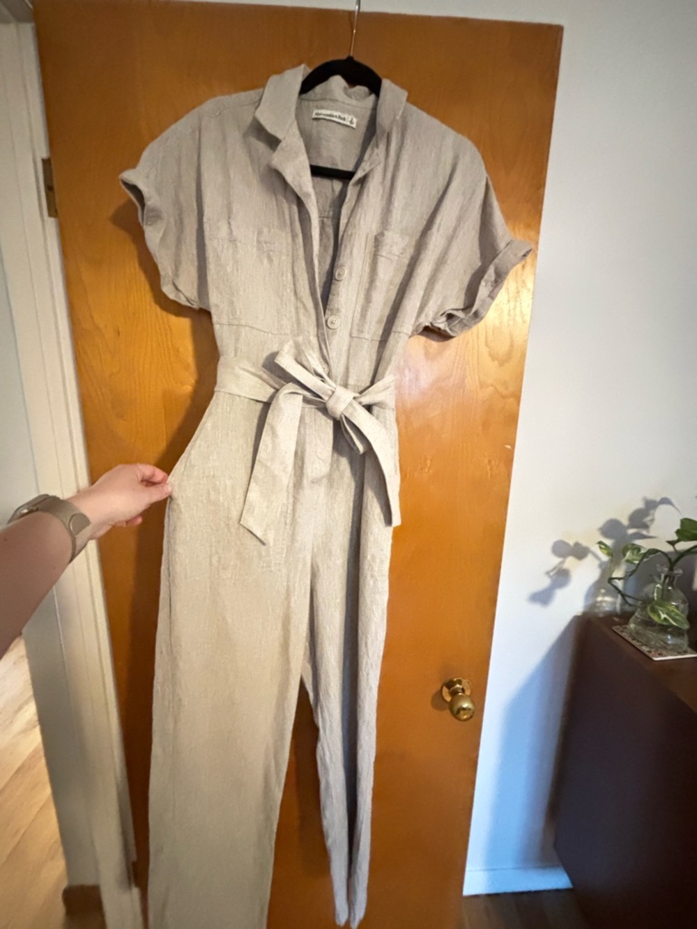Abercrombie & Fitch Light Linen Flax color Button-Front Tie-Waist Jumpsuit